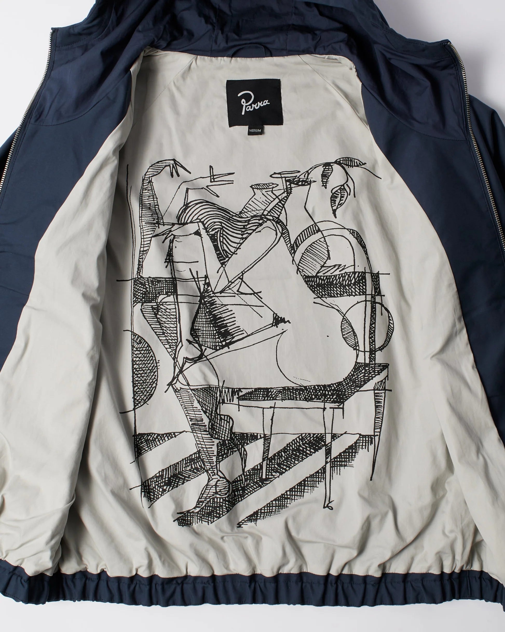 A navy blue zip-up jacket with a beige inner lining featuring a large black line-art graphic of a seated figure. The brand label 'Parra' is visible inside the collar.