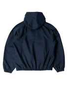 A dark navy blue hooded windbreaker jacket shown from the back, laid flat on a white background.