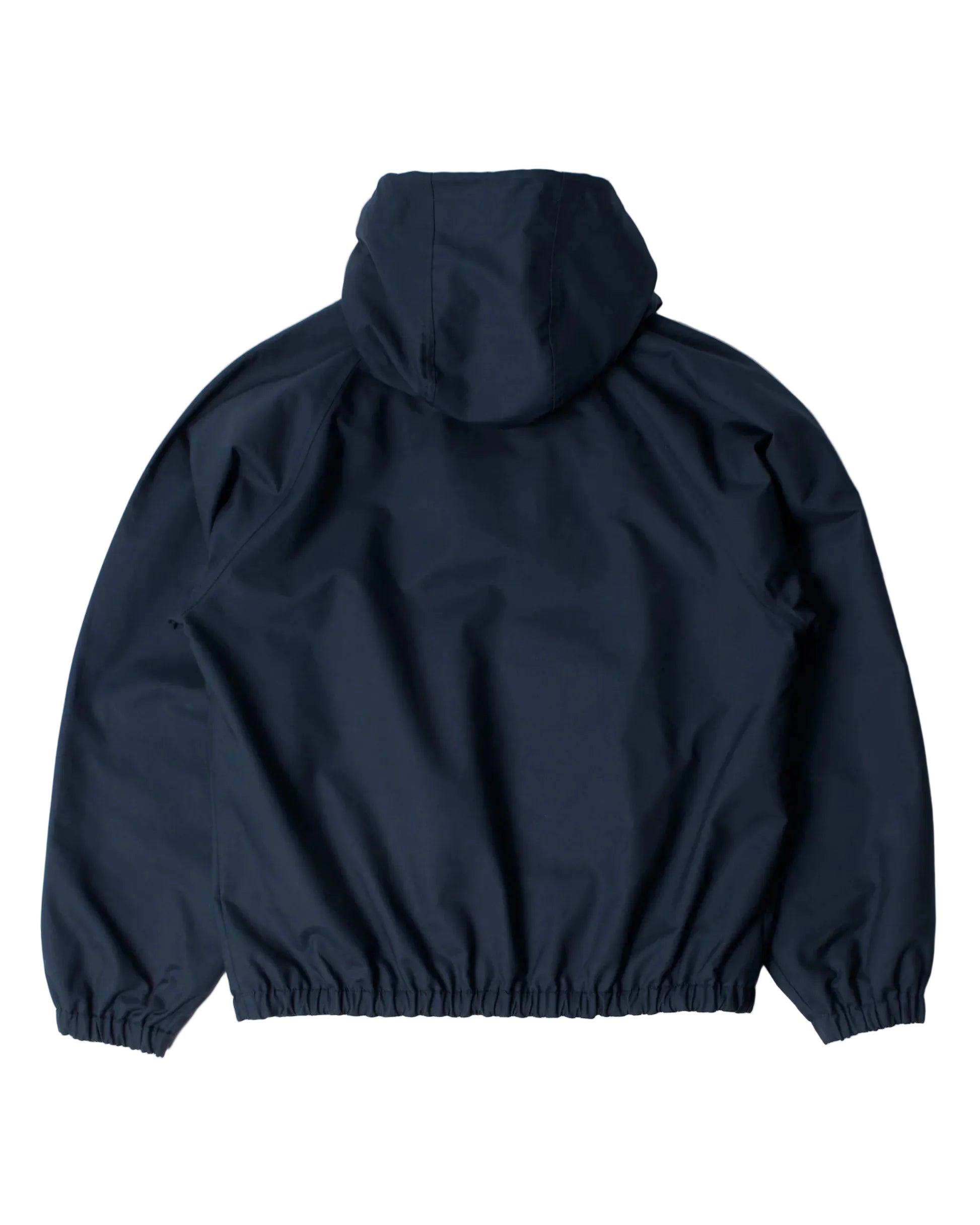A dark navy blue hooded windbreaker jacket shown from the back, laid flat on a white background.