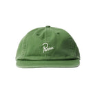 A green cotton flat-brim cap with a white embroidered 'Parra' logo on the front, photographed against a white background.
