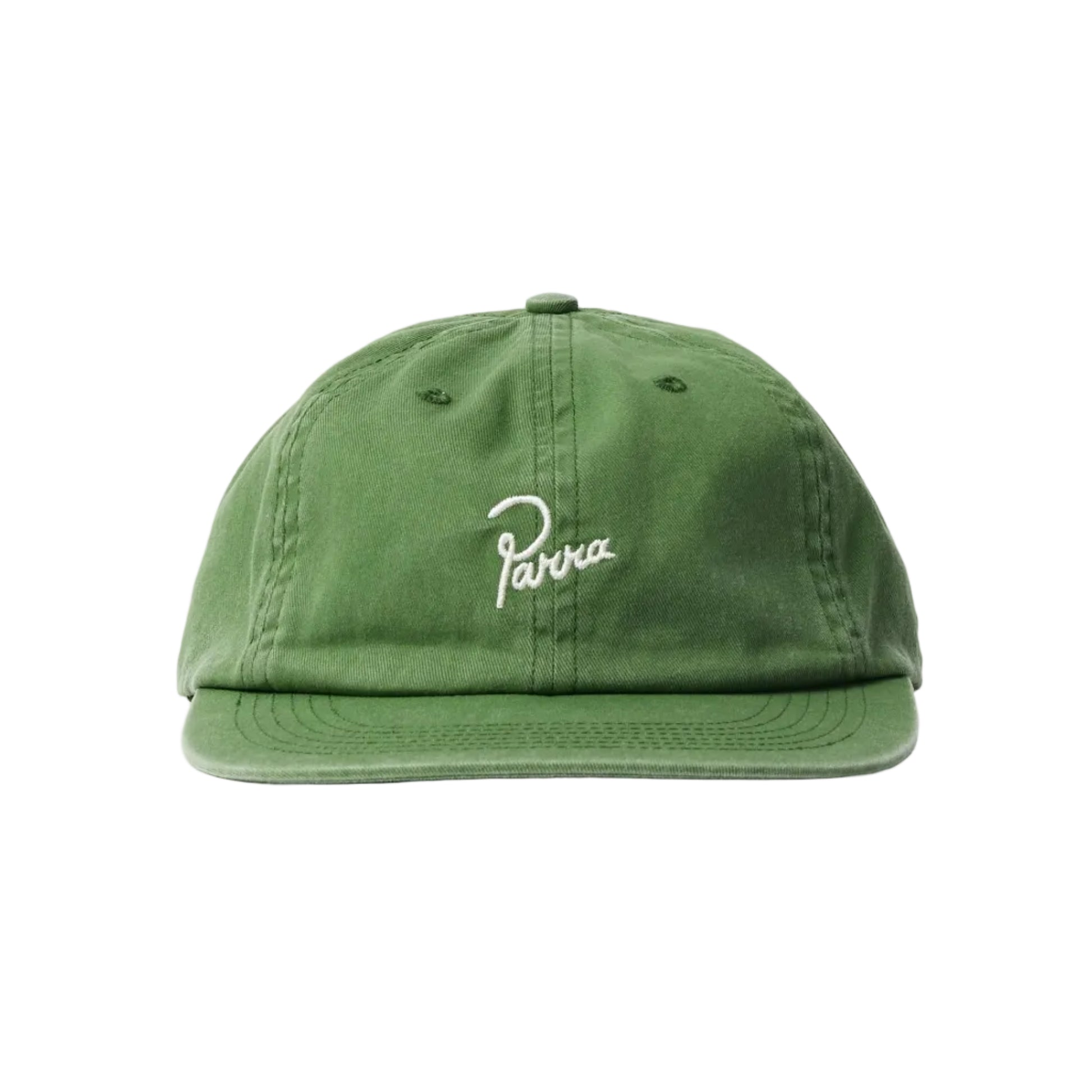 A green cotton flat-brim cap with a white embroidered 'Parra' logo on the front, photographed against a white background.