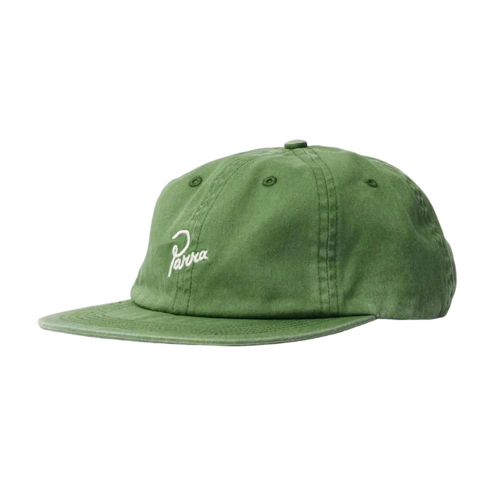 A green flat-brim baseball cap with a white embroidered logo on the front, photographed against a white background.
