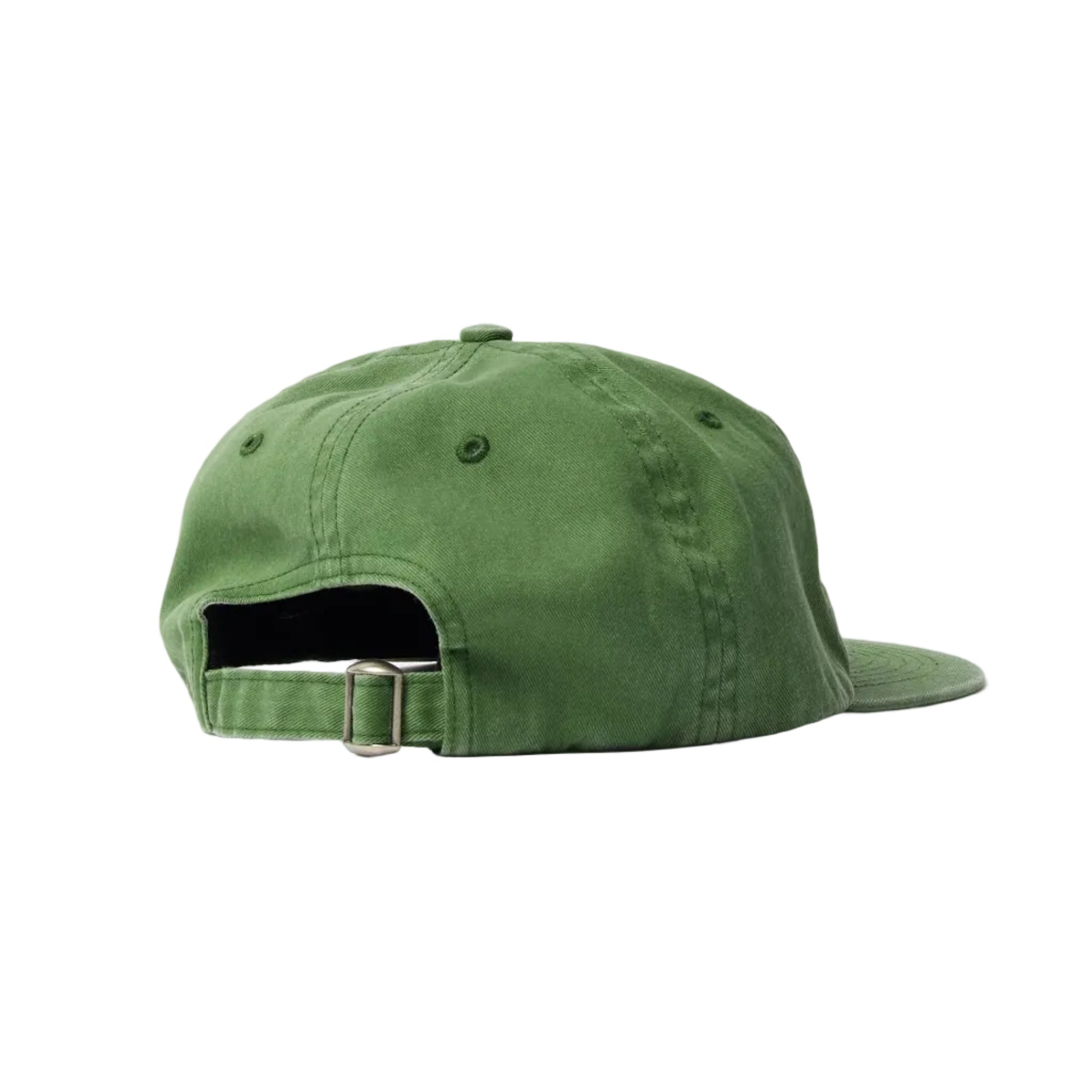 An olive green cotton flat-brim cap shown from the back, featuring a metal buckle closure on a white background.