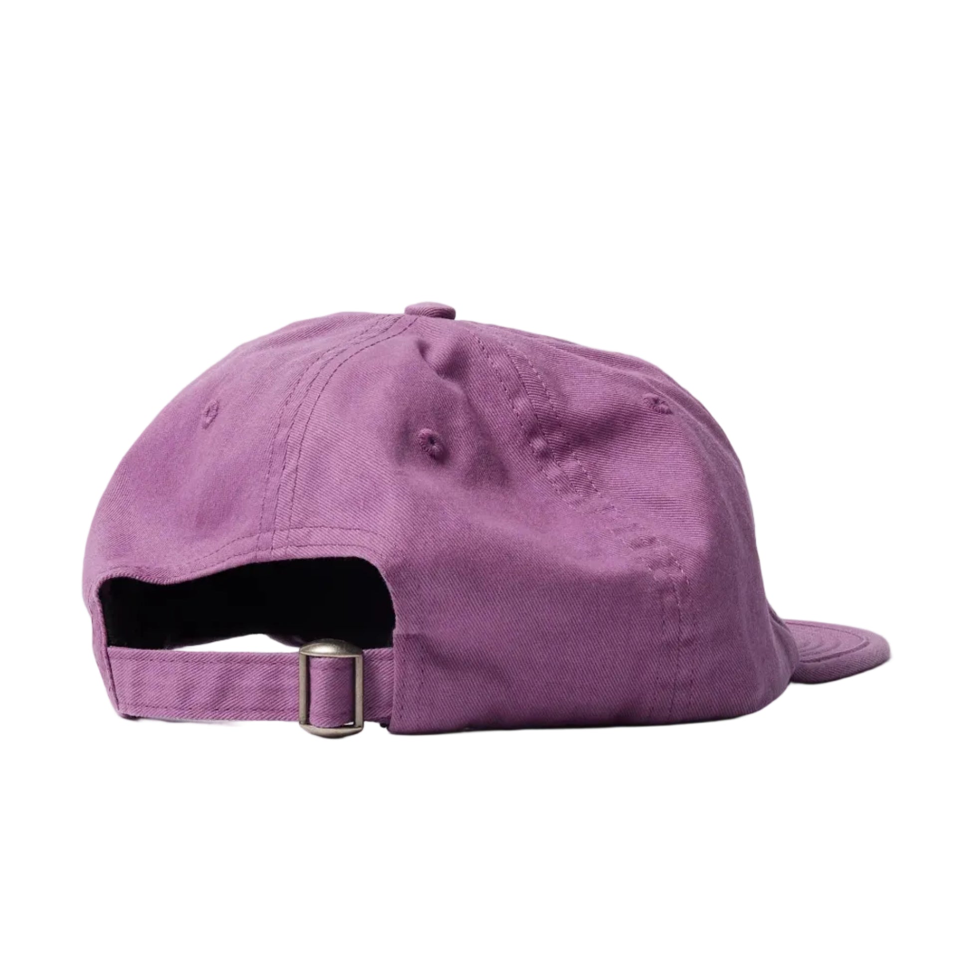 Back of a purple cap on a with an adjustable strap on a white background 