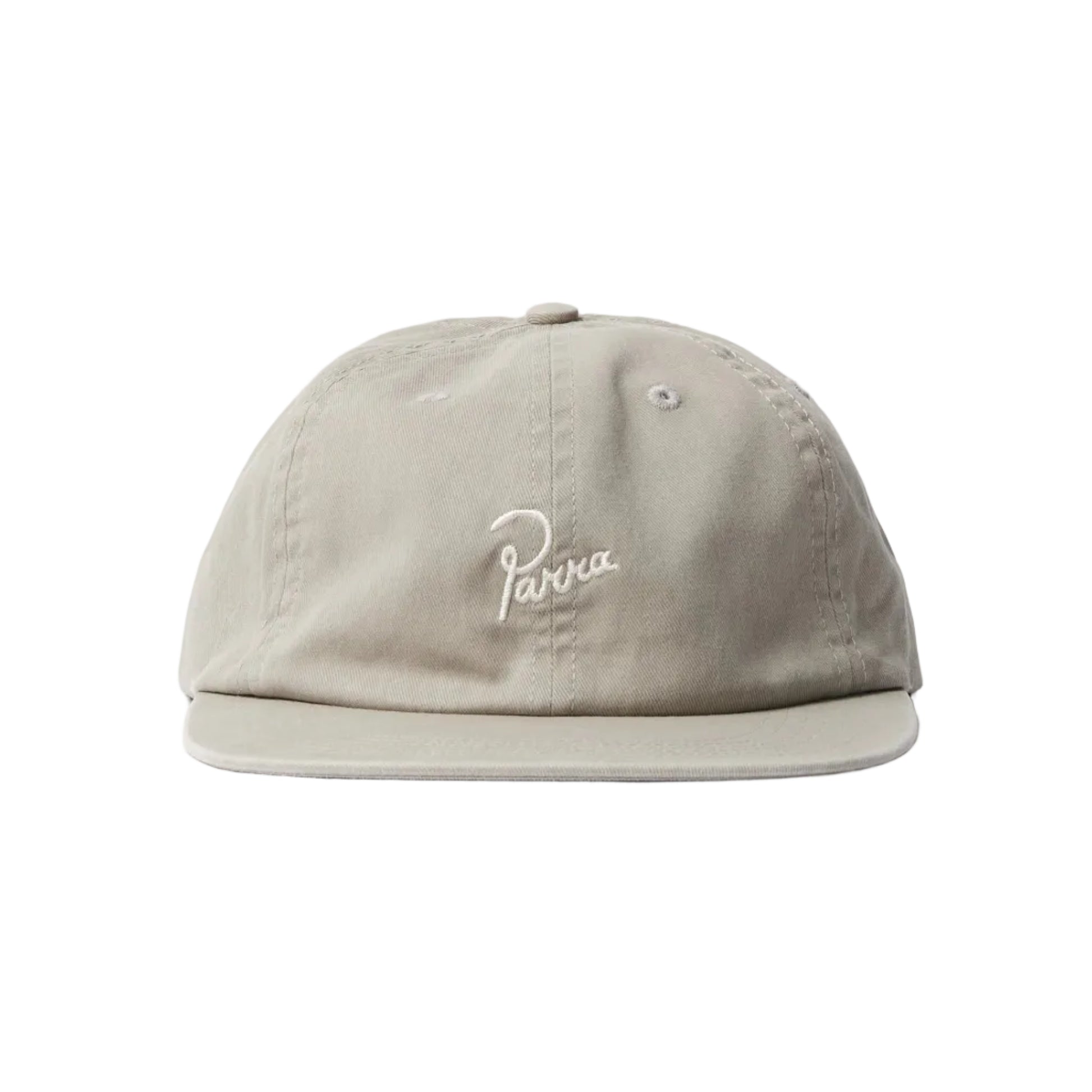 A grey flat-brim cap with a white embroidered 'Parra' logo on the front, photographed against a white background.