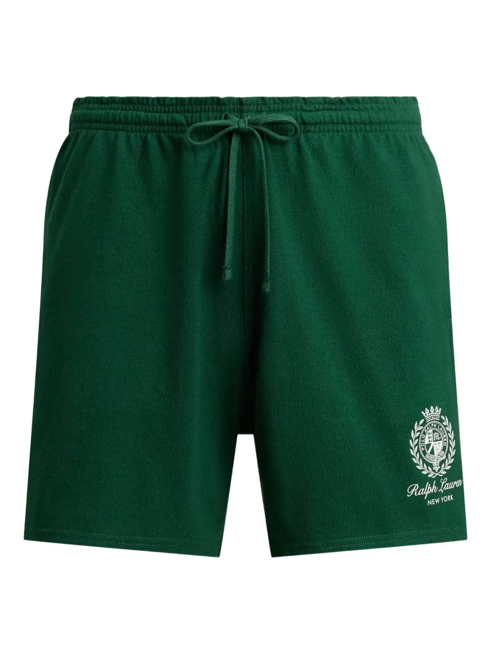 Green shorts with a brand logo on a white background
