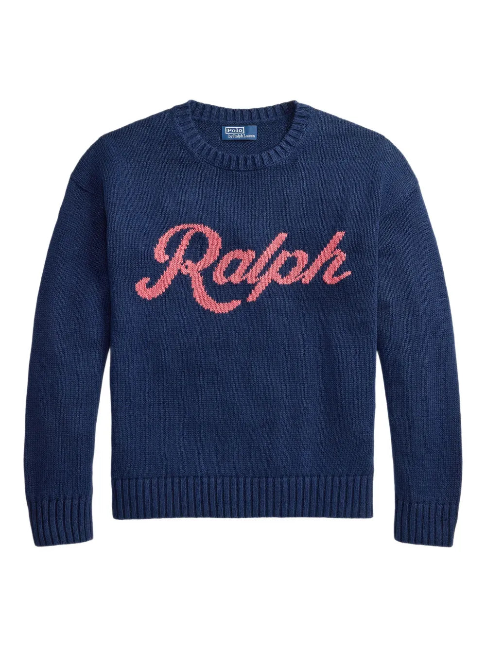 Navy sweater with 'Ralph' in pink text on a white background