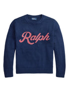 Navy sweater with 'Ralph' in pink text on a white background