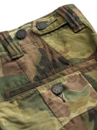 RRL Camo Patchwork Shorts with black metal buttons, close-up detail view