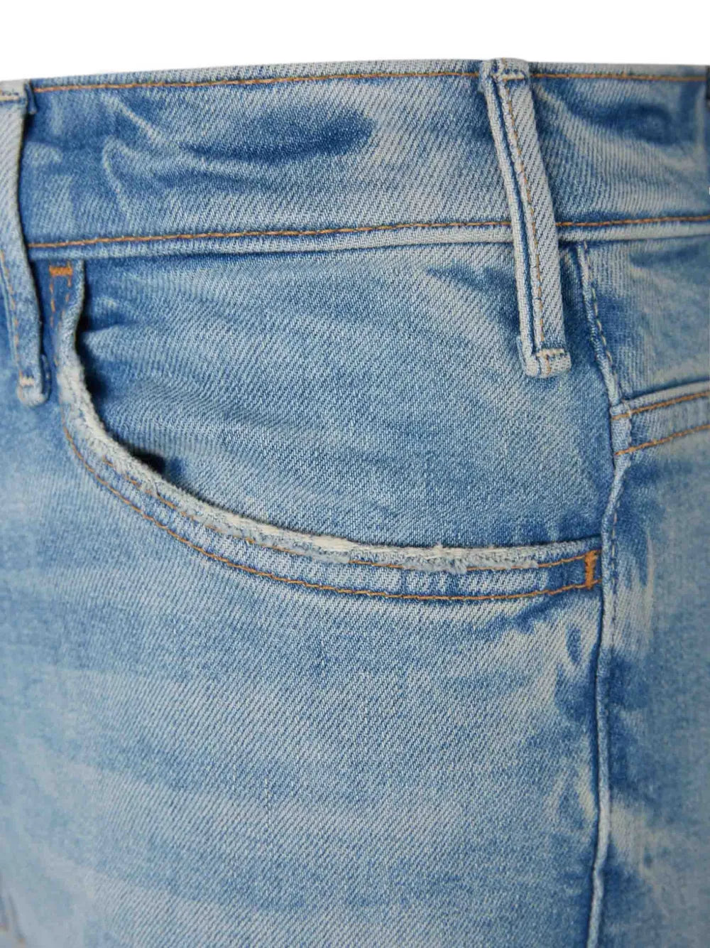Close-up of blue denim jeans with a focus on the stitching and fabric texture.