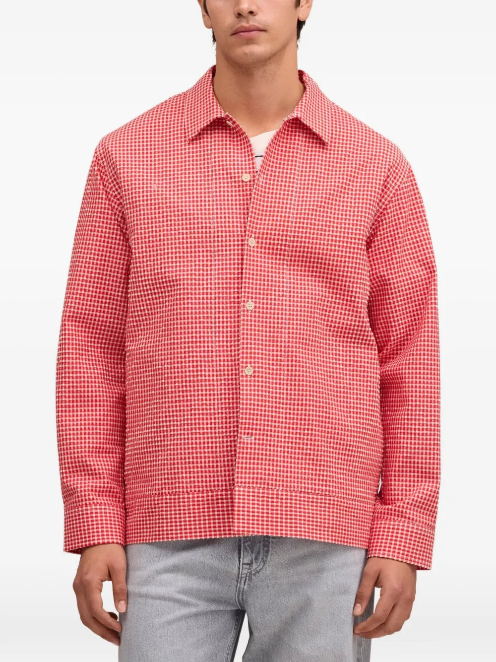 NN.07 Reed Seersucker Overshirt in red gingham check pattern, front view