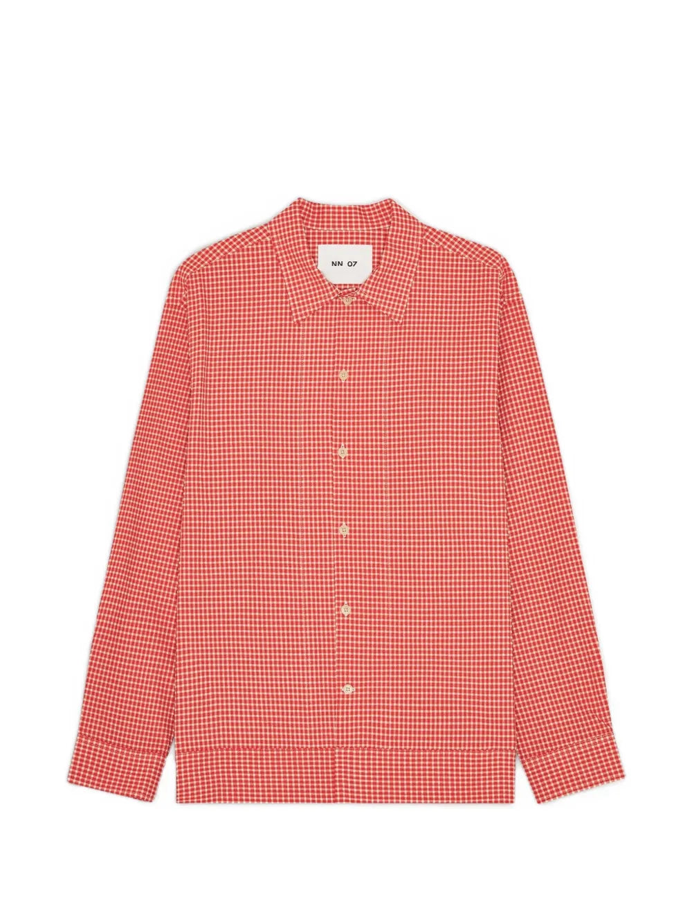 NN.07 Reed Seersucker Overshirt in red gingham pattern, front view