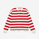 MOTHER Boxy Match red and cream striped long sleeve polo shirt front view