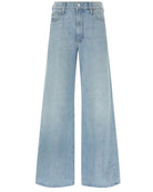 MOTHER Ditcher Roller Zip wide leg flare jeans in light blue denim, front view