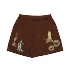 Brown shorts with various patches on a white background