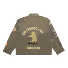 Green jacket with 'Greenwood Lake Trailhead' text and bear graphic on a white background