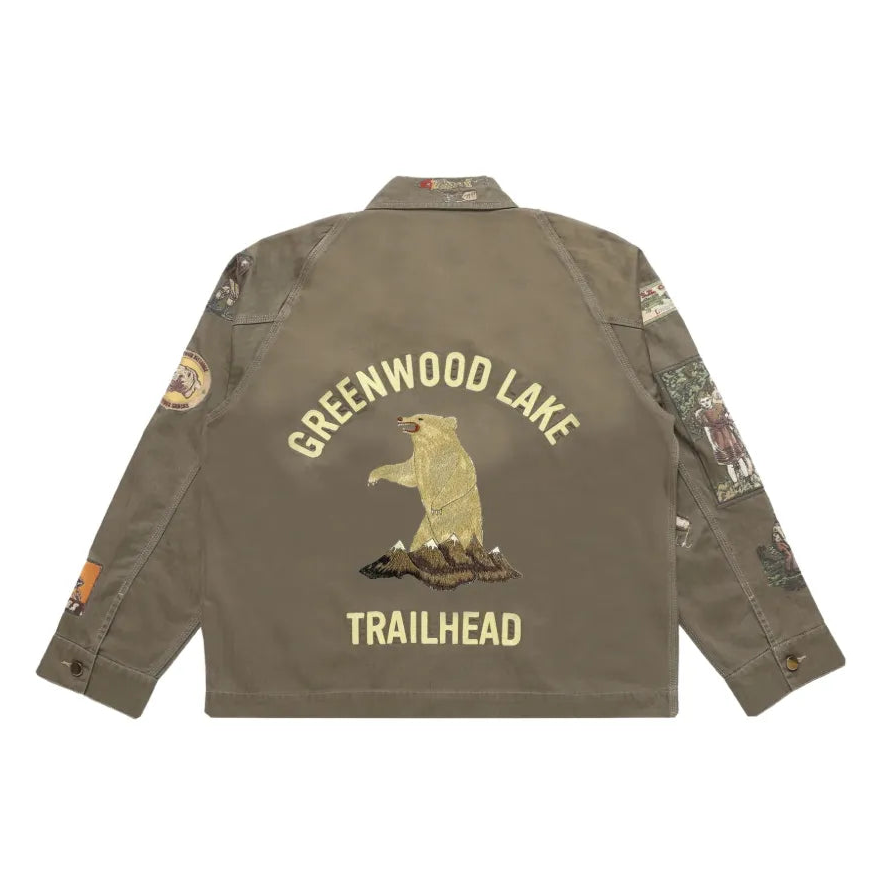 Green jacket with 'Greenwood Lake Trailhead' text and bear graphic on a white background