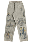 Light gray pants with vintage-style illustrations on a white background