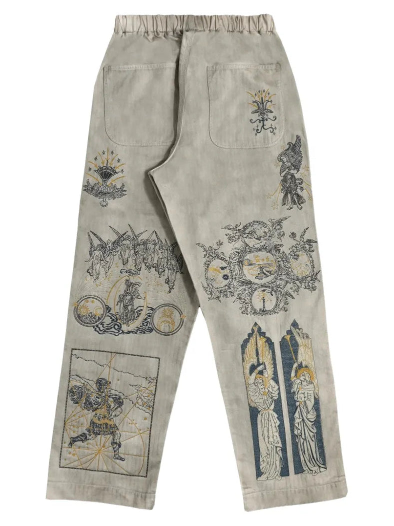 Light gray pants with vintage-style illustrations on a white background