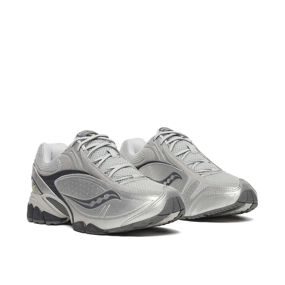 Pair of gray running shoes on a white background