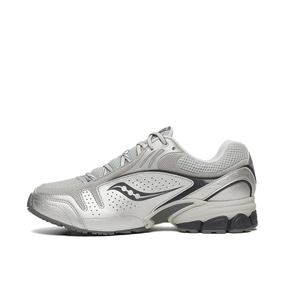 Gray athletic shoe with a brand logo on a white background