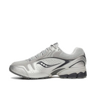 Gray athletic shoe with a brand logo on a white background