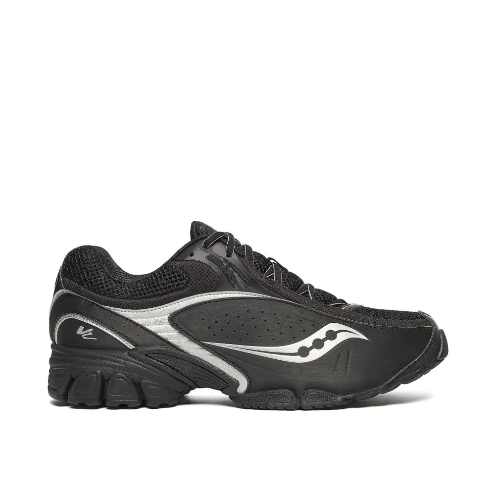 Black and gray running shoe with a white logo on a white background