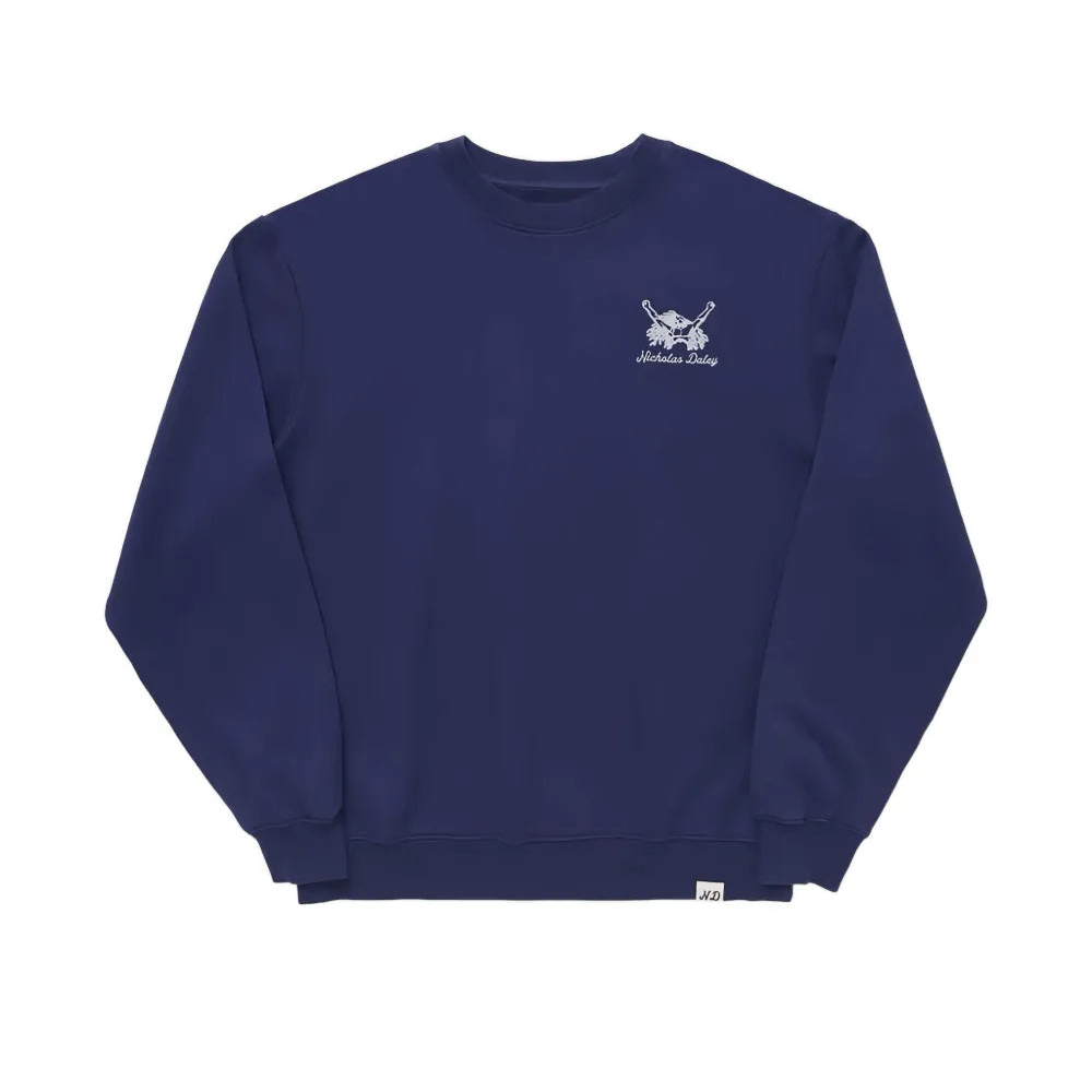 Navy blue sweatshirt with a small white logo on a white background