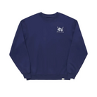 Navy blue sweatshirt with a small white logo on a white background