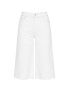 MOTHER The Whole Lot Zip Twist Fray white denim shorts with frayed hem, front view