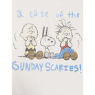 A close-up of a white fabric surface printed with a cartoon illustration of Charlie Brown, Snoopy, and Woodstock, with blue handwritten-style text reading 'a case of the SUNDAY SCARIES!'.