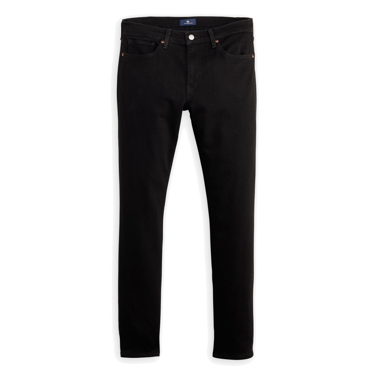 Levi’s Blue Tab 511 Slim Jeans in black, front view laid flat on white, showing a slim leg and five-pocket design.