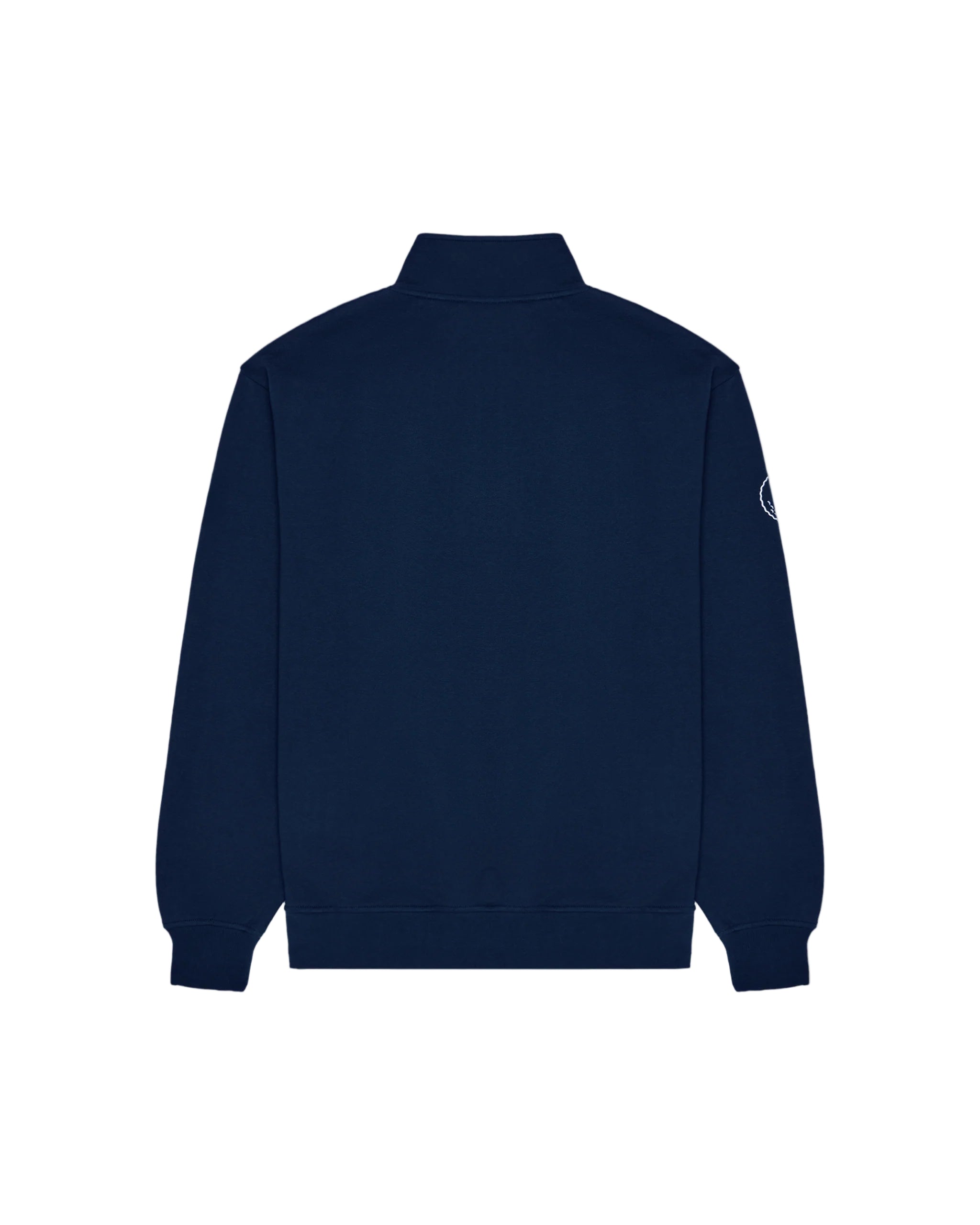 Navy blue quarter-zip sweatshirt on a light gray background