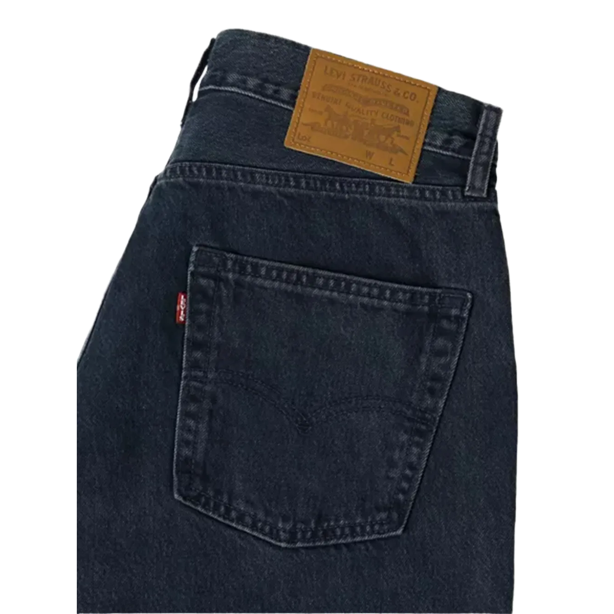 Back Pocket Detail: Close-up of the back pocket on dark indigo Levi’s 578 Baggy Jeans, with a tan leather-look patch, a red Levi’s tab, and tonal arcuate stitching.