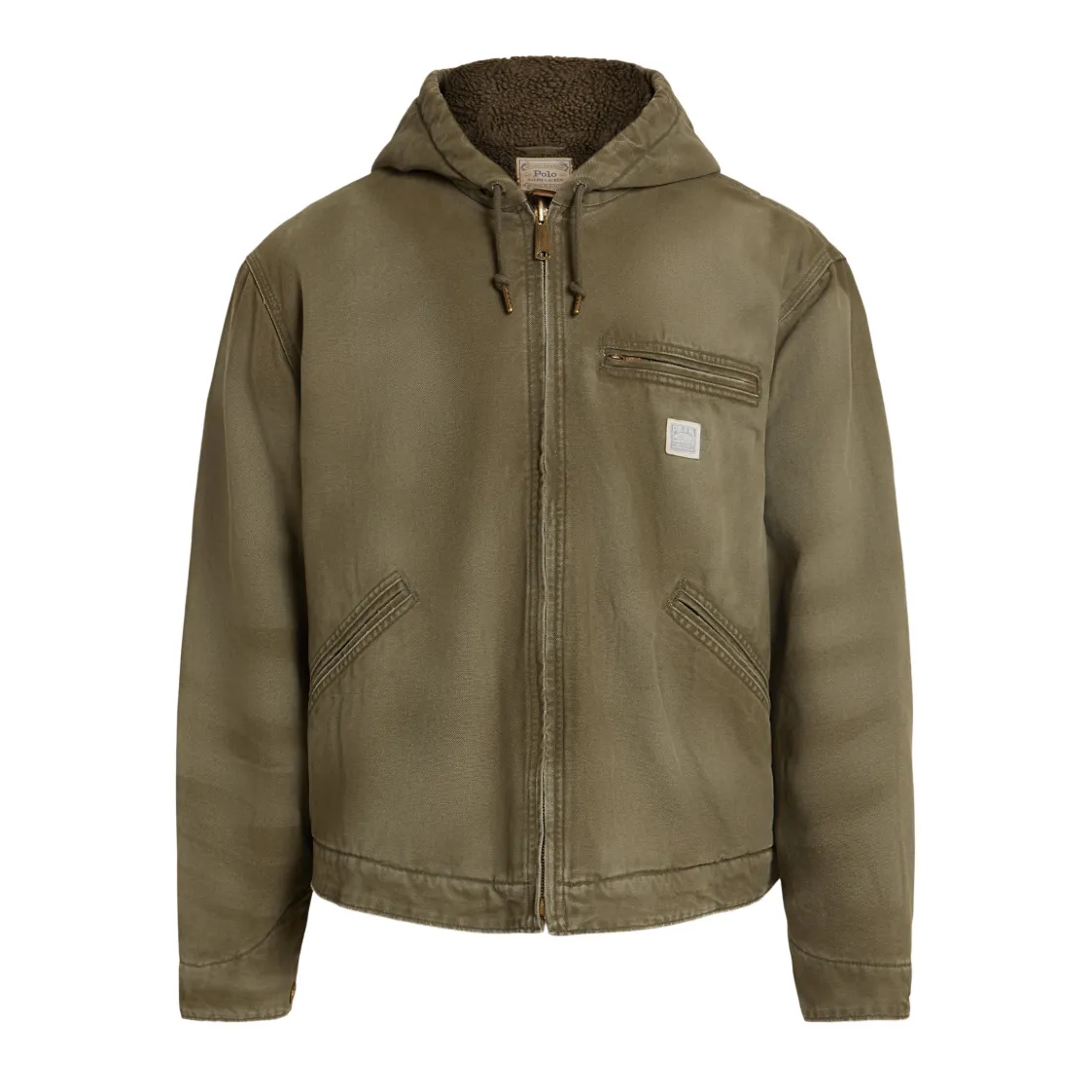 An olive green hooded jacket with a zippered front, a chest pocket, and a brown sherpa-lined hood, shown on a plain white background.