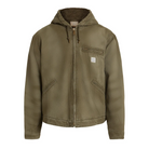 An olive green hooded jacket with a zippered front, a chest pocket, and a brown sherpa-lined hood, shown on a plain white background.