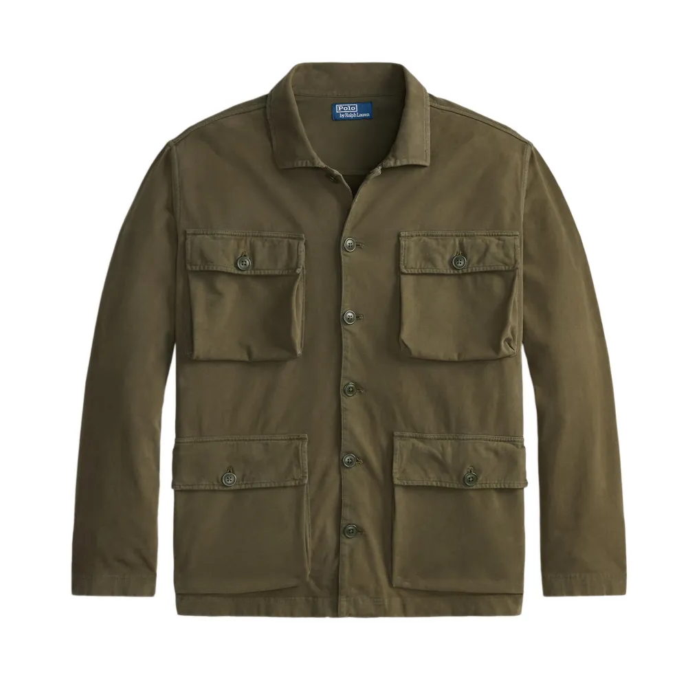 An olive green utility jacket with a button-up front, four front flap pockets, and a pointed collar, shown flat on a white background.