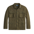 An olive green utility jacket with a button-up front, four front flap pockets, and a pointed collar, shown flat on a white background.