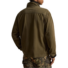 A man wearing an olive green lightweight jacket, shown from the back and side against a plain white background.