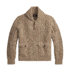 A textured cable-knit cardigan sweater in a heathered brown and beige colorway, featuring a stand-up collar, a short button placket, and two front flap pockets, shown against a plain white background.