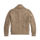A textured cable-knit sweater in a warm taupe-brown color, shown from the back against a plain white background.