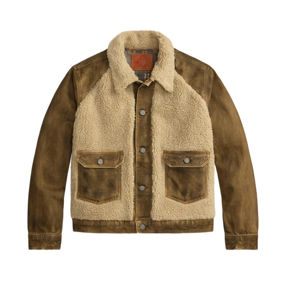 A brown and beige shearling jacket with a suede-like front, button closure, and two front flap pockets, shown on a plain white background.