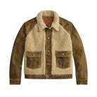 A brown and beige shearling jacket with a suede-like front, button closure, and two front flap pockets, shown on a plain white background.