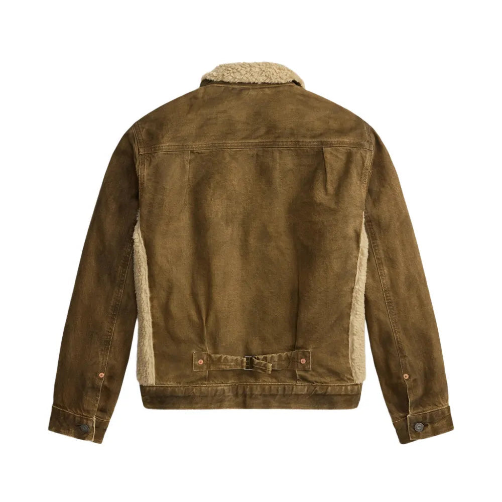 A brown suede jacket with a beige sherpa lining, shown from the back on a solid white background.