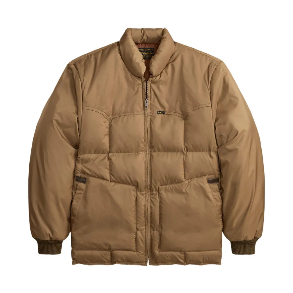 A tan quilted puffer jacket with a stand-up collar, front zipper, and ribbed cuffs, shown against a plain white background.