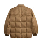 A tan quilted puffer jacket shown from the back, featuring horizontal stitching and ribbed cuffs, isolated on a white background.