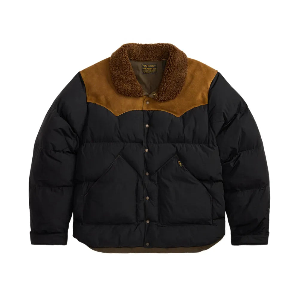 A black puffer jacket with a brown suede yoke and a brown sherpa collar, shown flat on a white background.