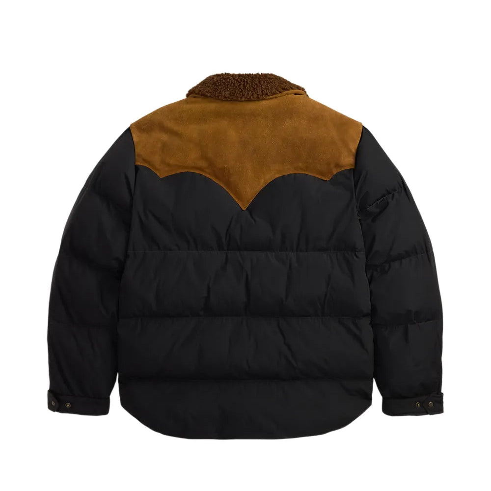 The back view of a black puffer jacket featuring a contrasting brown suede yoke and a brown sherpa collar, displayed on a solid white background.