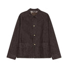 A dark brown textured jacket with a button-up front, collar, and two front flap pockets, displayed flat against a solid white background.