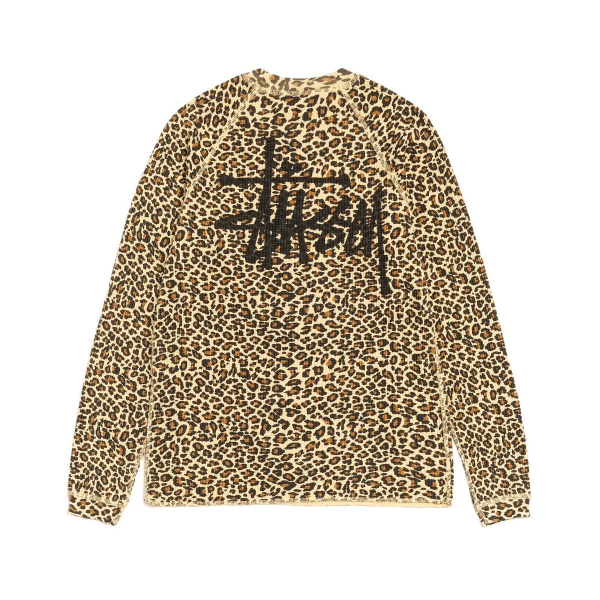 Back view of the leopard print thermal laid flat, showing a large black Stüssy logo across the upper back.